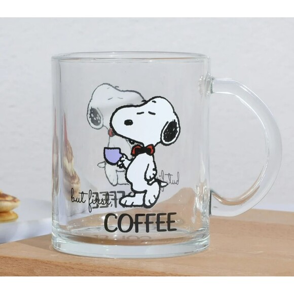 Peanuts Snoopy But First Coffee Clear Glass Mug 16.2 oz Large Cup Gift NEW - Picture 4 of 4